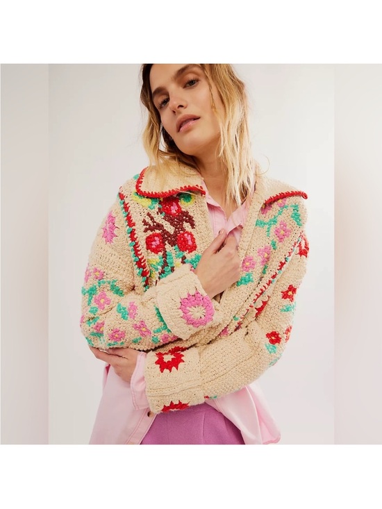 Free People Sweaters - Free People Cream Crochet Floral Cardigan with Red, Pink & Teal Accents